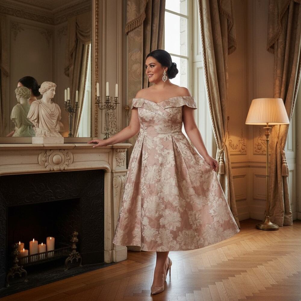 Alex Evenings Size 18 NWT  Beige Floral Brocade Off‑Shoulder Tea‑Length Dress